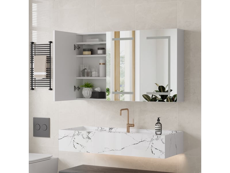  Armoire murale de salle de bain - 100x60cm - miroir led antibuée 3 couleurs avec prise eu et distributeur de mouchoirs - blanc  - Conforama B
