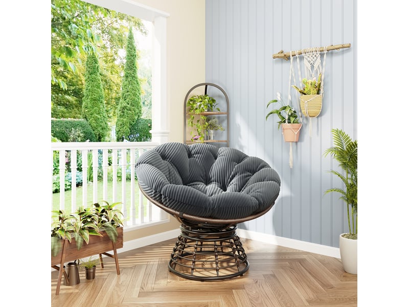  Fauteuil papasan pivotant 360° en résine tressée, coussin gris en velours côtelé pour salon et extérieur  - Conforama B