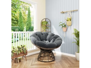 Fauteuil papasan pivotant 360° en résine tressée, coussin gris en velours côtelé pour salon et extérieur