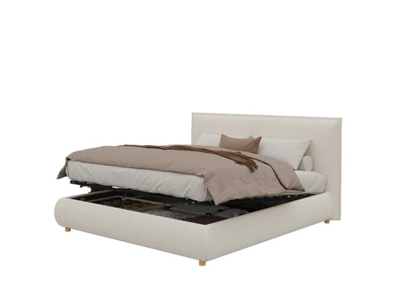  Lit coffre lit double 180x200 cm avec sommier hydraulique, tête de lit rembourrée et pieds bois massif, bouclette blanche  - Conforama A