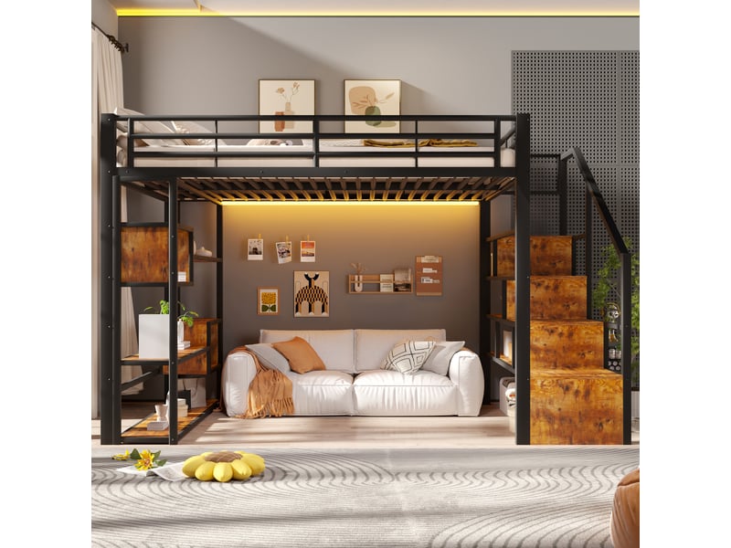  Lit mezzanine 140 x 200 cm, noir, sans matelas, structure métal, rangement et led, échelle et garde-corps  - Conforama C