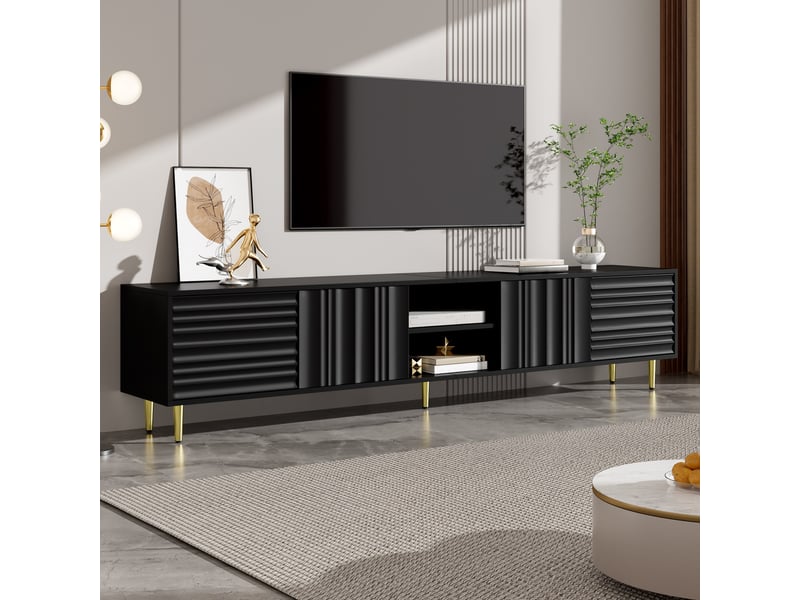  Meuble tv 200 cm 4 portes avec niche ouverte, façades structurées sans poignées, pieds métal, noir  - Conforama B