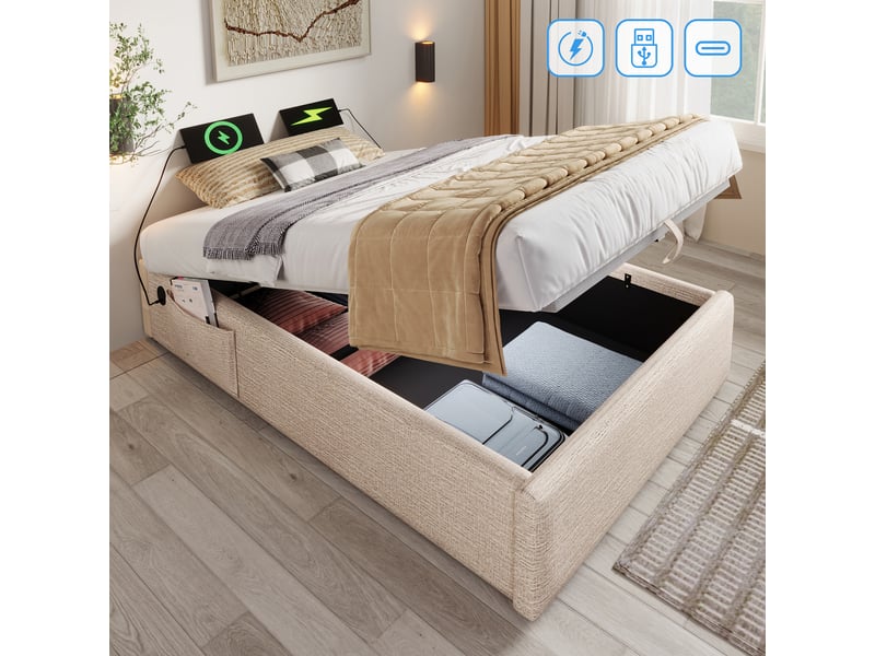 Lit coffre 90x200 cm avec poches latérales et charge, lin, beige et naturel, sans matelas - Conforama B