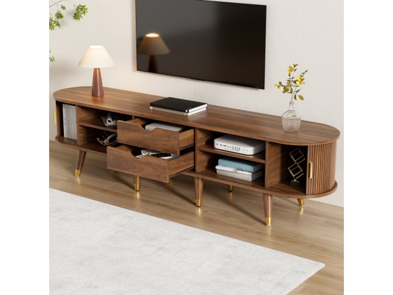  Meuble tv bois foncé avec porte coulissante en rotin, aspect noyer, compartiments ouverts, tiroirs et placard  - Conforama C