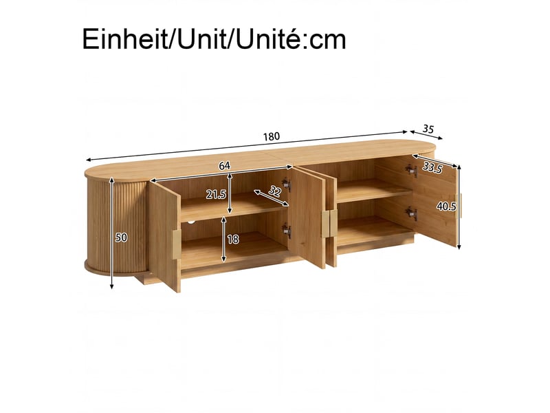  Meuble tv 180 x 35 x 50 cm, façade ondulée, 4 portes avec poignées métal, grand rangement, mdf et aggloméré, naturel Bubbly - Conforama D