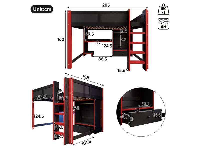 Lit mezzanine 140x200cm avec bureau gaming et armoire - lit double - éclairage led app, échelle, tiroirs, pin massif noir et rouge - Conforama C