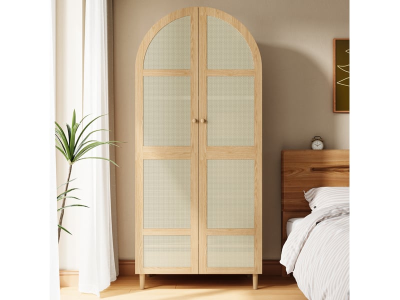  Armoire penderie grand volume 80x50x179 cm portes courbées rotin tringle tiroir pieds bois mdf pb naturel  - Conforama D