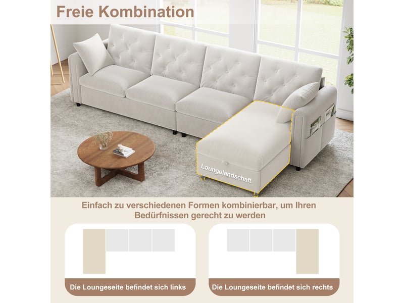  Canapé d'angle, canapé velours — avec rangement, 281 × 86 × 71 cm, beige, en velours  - Conforama W