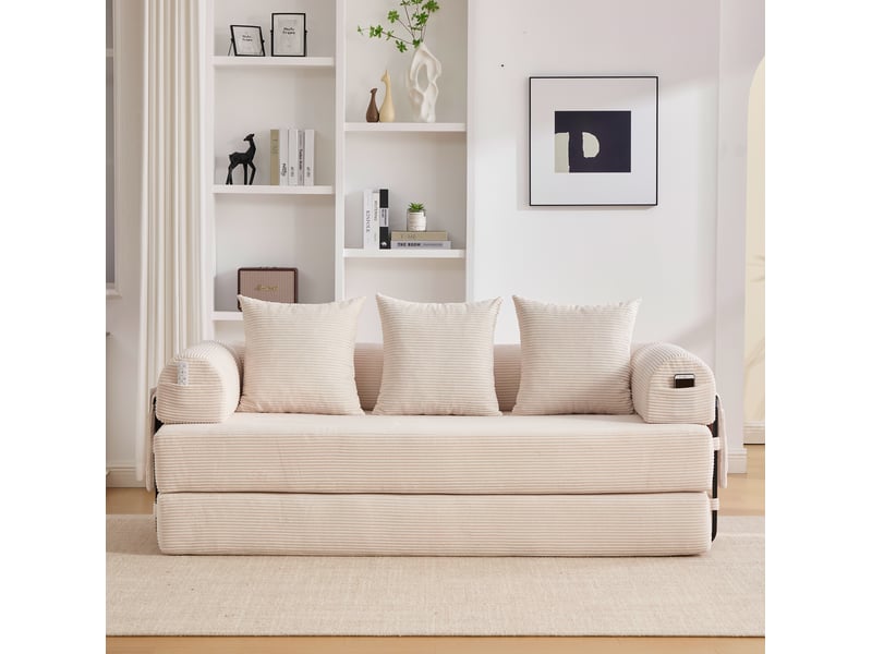  Canapé convertible 200x94x67 cm à 3 places avec poches latérales, 3 coussins, structure métal, velours côtelé beige  - Conforama E