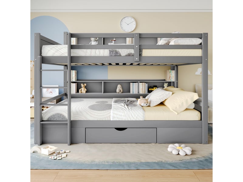  Lit superposé 90x200 cm avec barrières de sécurité, lit 2 personnes avec tiroirs, lit enfant avec compartiments de rangement, gris  - Conforama C