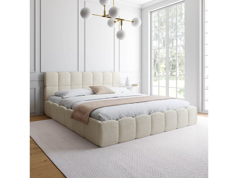  Lit coffre double nuage avec tête de lit matelassée et sommier 180 x 200 cm bouclette blanc  - Conforama D