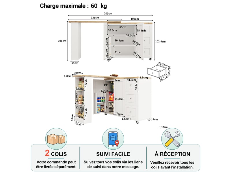 Desserte de cuisine pivotante avec 2 portes, 3 tiroirs et porte-snacks sur roulettes en mdf blanc pour séjour - Conforama D