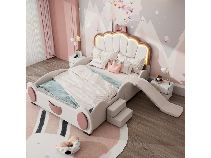  Lit enfant 140x200 cm avec toboggan, escalier et led coloris rose et blanc  - Conforama D
