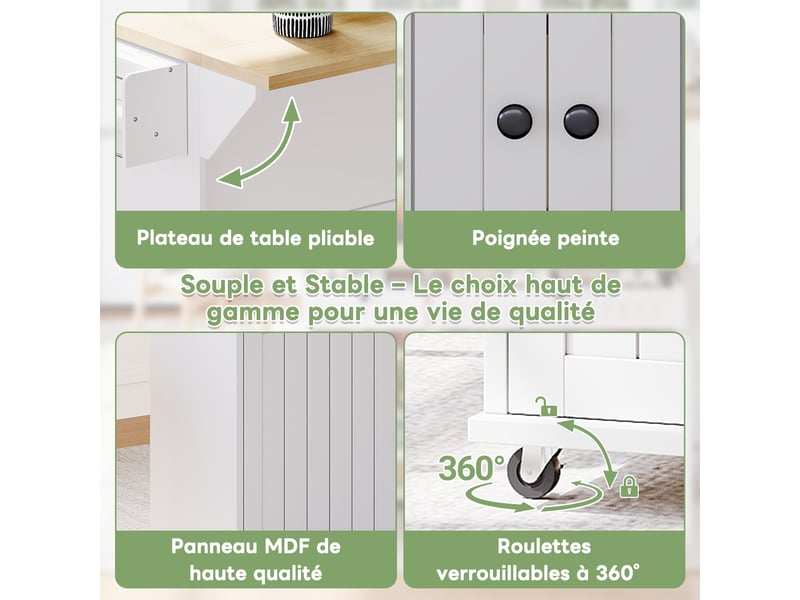 Îlot de cuisine 137x45x89,5 cm, desserte avec plan de travail rabattable, tiroirs et étagère de porte, mdf, blanc et naturel - Conforama E