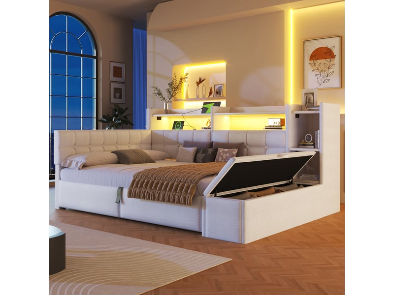 Lit coffre hydraulique 140x200 cm avec led multicolore, usb et usb-c et banc coffre, velours blanc, sans matelas - Conforama W