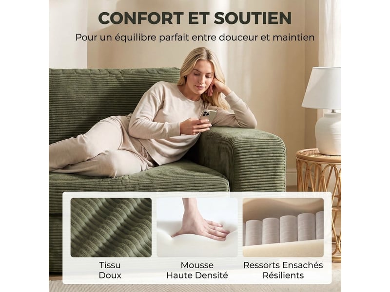 Canapé 3 places en velours côtelé, canapé de salon compressé moderne 236 cm avec coussin à ressorts, vert  - Conforama E