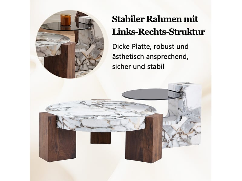  Ensemble de tables basses rondes 61 et 44 cm – blanc et décor bois – 2 pièces modulables pour salon  - Conforama E