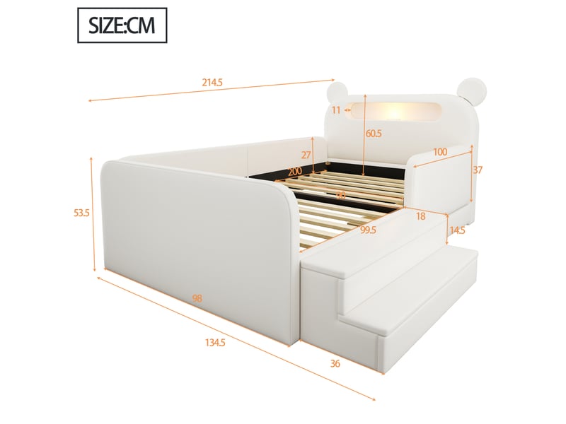  Lit enfant 90x200 cm avec tête de lit ours, led, usb, rangement, blanc, sans matelas  - Conforama C