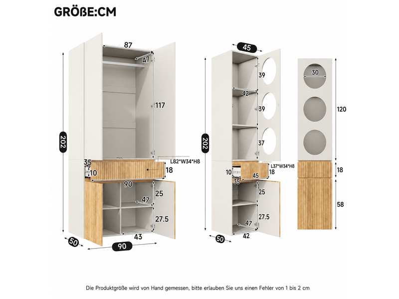  Armoire haute 6 portes avec penderie, 2 tiroirs et niches de rangement pour chambre, gris, 135 × 50 × 200 cm  - Conforama E