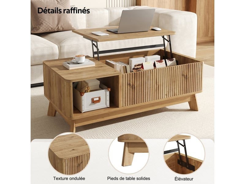  Table basse 95x48x50 cm, plateau relevable, grand rangement, façade ondulée, style scandinave pour salon et séjour - naturel  - Conforama D