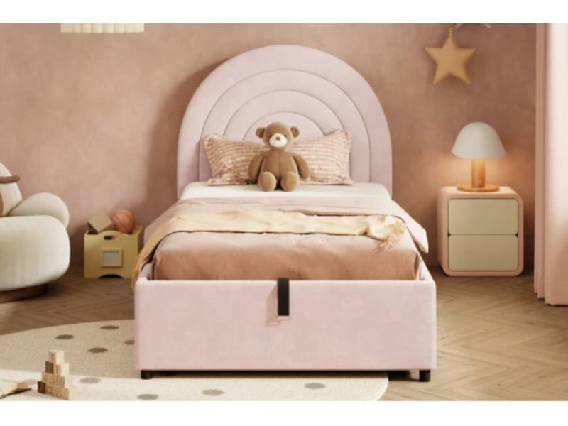  Lit capitonné 90×200 cm, enfant ou simple, avec sommier et tête de lit. Convient aux adultes et adolescents. Velours rose.  - Conforama B
