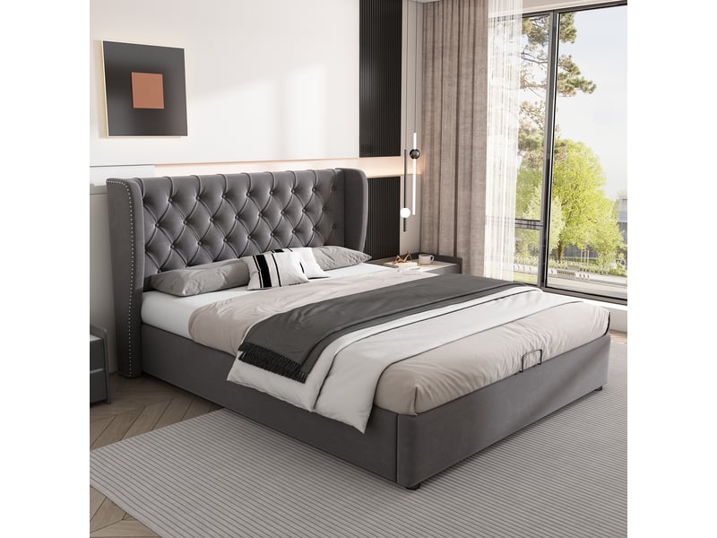  Lit double velours gris 140x200 cm - tête de lit à oreilles, coffre hydraulique et sommier inclus  - Conforama D