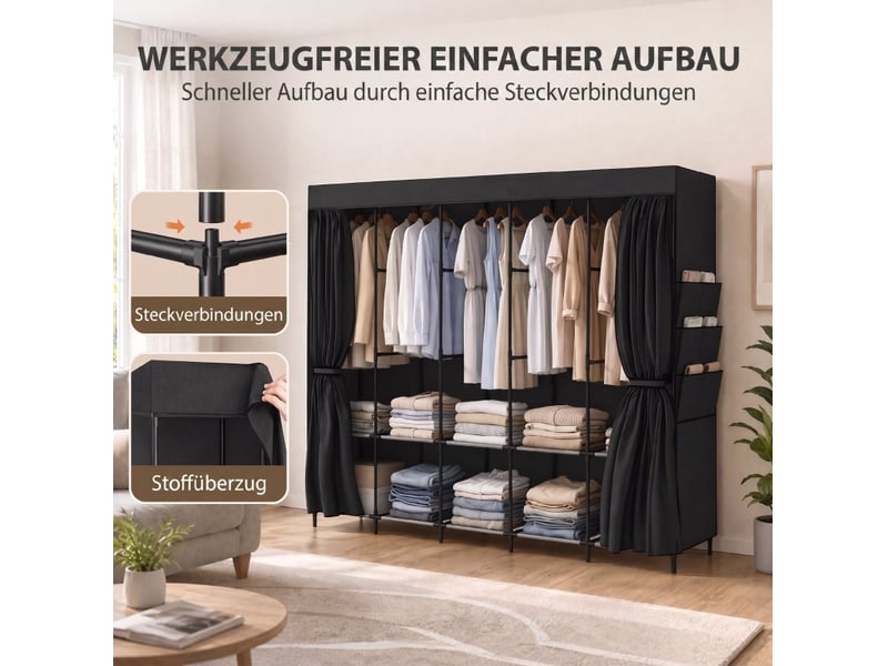  Armoire penderie en tissu noir 212 x 45 x 167 cm avec 5 tringles et 5 étagères, montage sans outil  - Conforama D