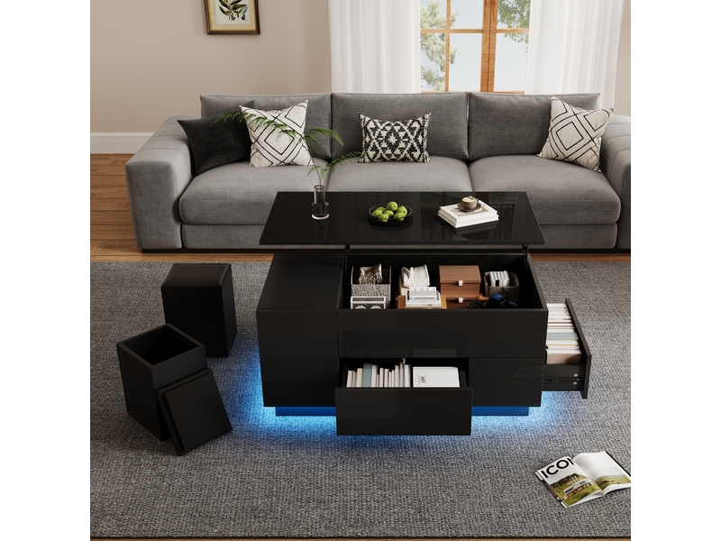  Table basse relevable avec 2 tiroirs, 2 tabourets de rangement et led, en panneau de particules, noir - uvrion  - Conforama C