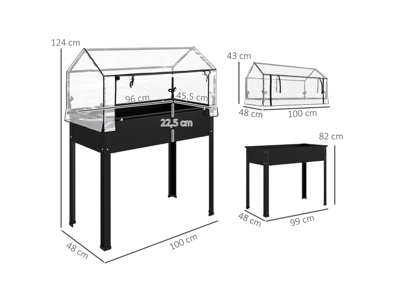  Jardinière surélevée avec serre 100 x 48 x 124 cm – noire – drainage et toit transparent  - Conforama C