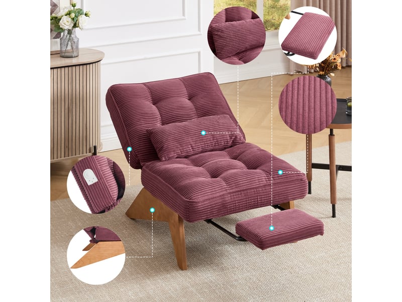  Fauteuil de salon 127x73x90cm – pas d'accoudoirs - avec repose-pieds rétractable, dossier inclinable et coussin lombaire – velours côtelé - rouge  - Conforama D