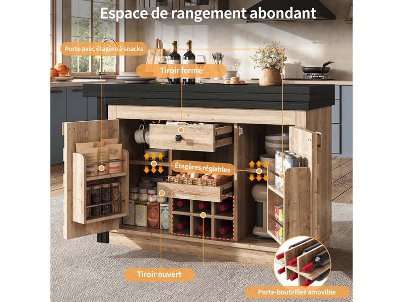  Îlot de cuisine extensible 120-197 x 40 x 74,2 cm, plateau pivotant à 360°, casier à vin amovible, tiroir, chêne clair  - Conforama D