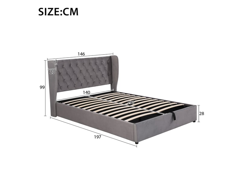  Lit double 140 x 190 cm à rangement hydraulique avec sommier à lattes en velours gris  - Conforama E