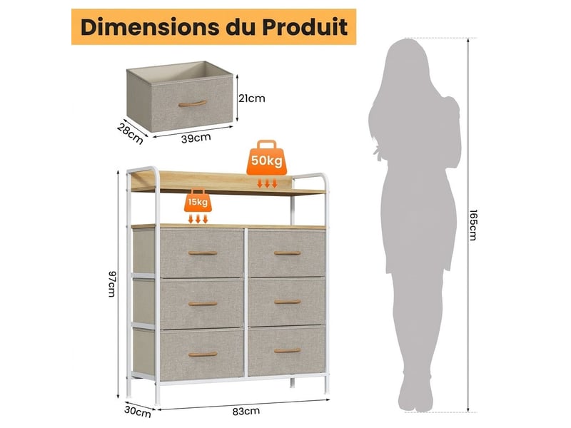  Commode haute six tiroirs tissu meuble rangement 97 cm blanc bois clair  - Conforama C