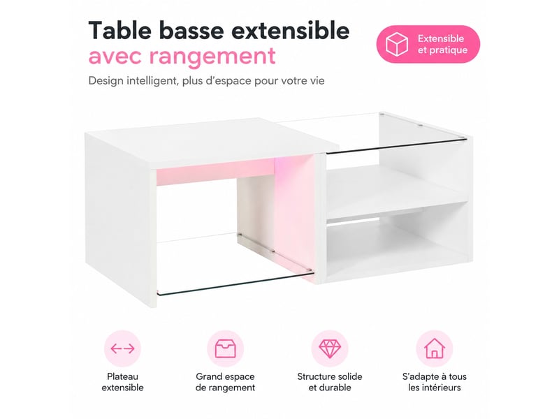  Table basse blanche à niveaux décalés avec plateau en verre et led réglable par application, 100 x 50 x 38 cm  - Conforama D