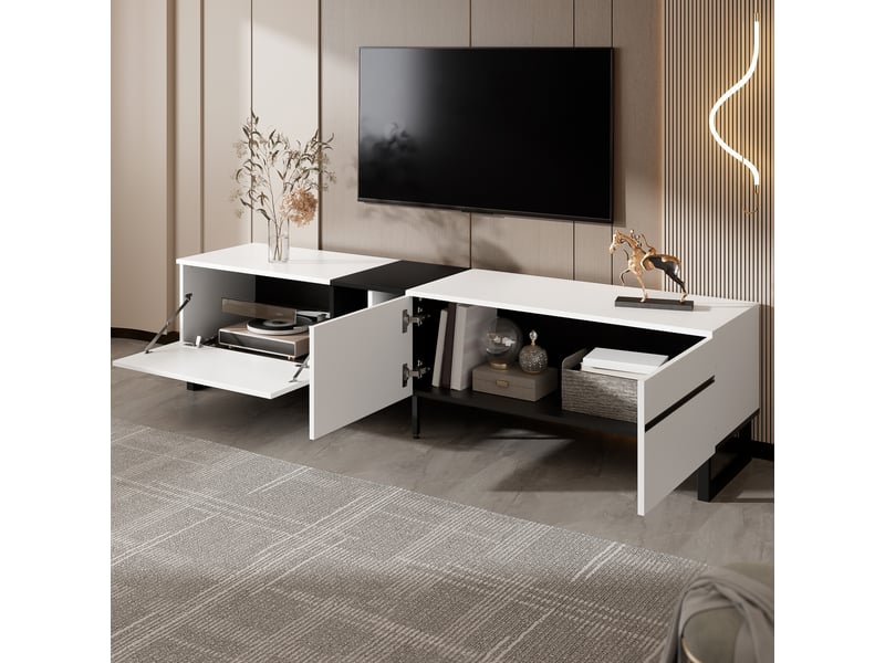  Meuble tv avec abattant, 2 portes et niche pour salon 180×38×45 cm en panneaux de particules blanc  - Conforama C