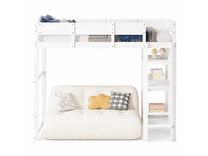  Lit mezzanine enfant 90 x 200 cm blanc en pin massif avec étagère intégrée, sommier à lattes, garde-corps et espace libre sous lit chambre  - Conforama A