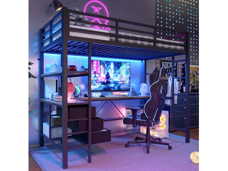  Lit mezzanine 90 x 200 cm noir en métal et mdf, bureau avec usb, 3 tiroirs, rangements et éclairage led  - Conforama B