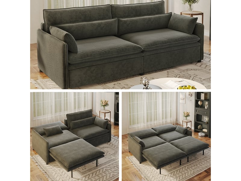  Canapé convertible 3 places 206 x 91 x 86 cm en chenille, 3-en-1 avec coffre, dossier réglable et coussins mobiles, gris foncé  - Conforama B