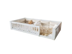 Lit plateforme 90x200 cm avec barrières latérales et coussins, bois, mdf, blanc sans matelas