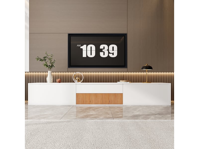  Meuble tv 180 cm blanc et bois avec support vidéoprojecteur intégré, installation murale ou sur pied  - Conforama B