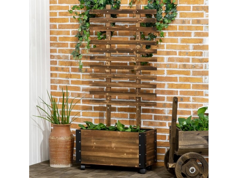 Jardinière surélevée avec treillis à roulettes, bois brun et métal noir, 65 x 31 x 147 cm pour vos plantes - Conforama B