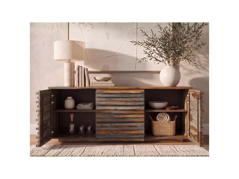  Buffet savana 160 cm en bois massif de sheesham fumé gris – 2 portes, 3 tiroirs et façades sculptées  - Conforama E