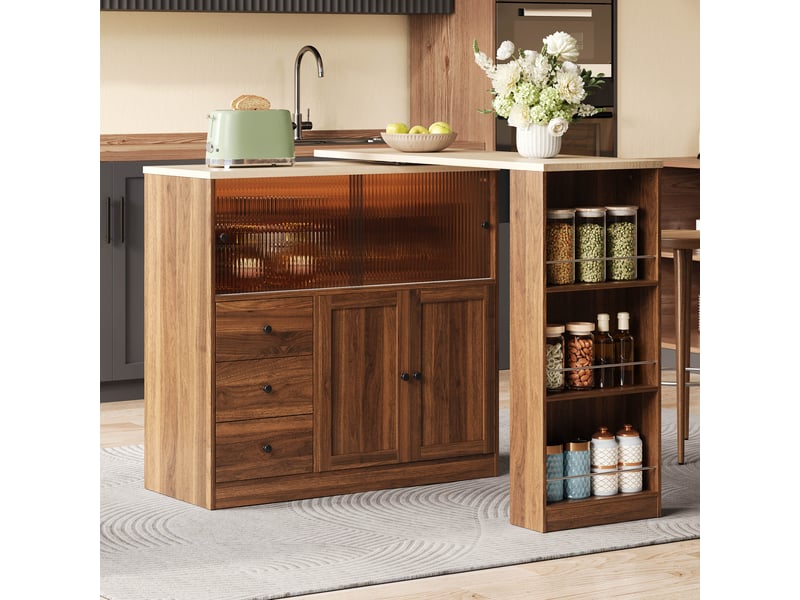 Îlot de cuisine table bar 172x40x96 cm - table pivotante à 360° - porte coulissante vitrée - tiroir et étagères latérales - mdf - bois naturel CozyNest - Conforama C