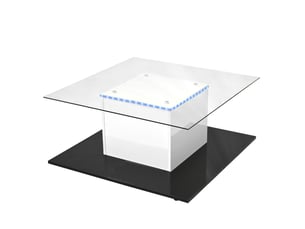 Table basse avec roulettes et led réglable, plateau en verre trempé, finition brillante, en panneaux de particules, blanc noir - uvrion