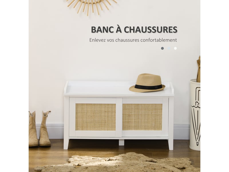  Banc à chaussures meuble de rangement avec porte coulissante et façades rotin tissé blanc 80 x 35 x 45 cm  - Conforama R