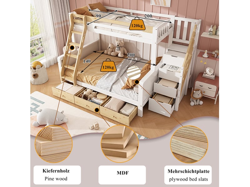  Lit superposé 90 × 200 cm et 140 × 200 cm 3 places avec escalier de rangement et 3 tiroirs, sans matelas  - Conforama E