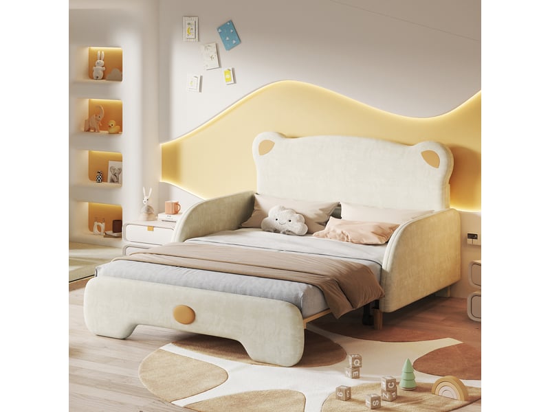  Lit enfant rembourré 140x200 cm en velours avec lit gigogne 140x105 cm, tête de lit ours, bords de protection doux - beige  - Conforama B