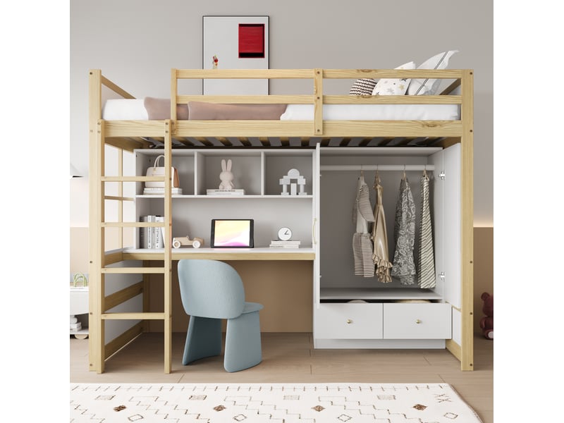 Lit mezzanine enfant 90x200 cm blanc et bois naturel avec bureau - Conforama B