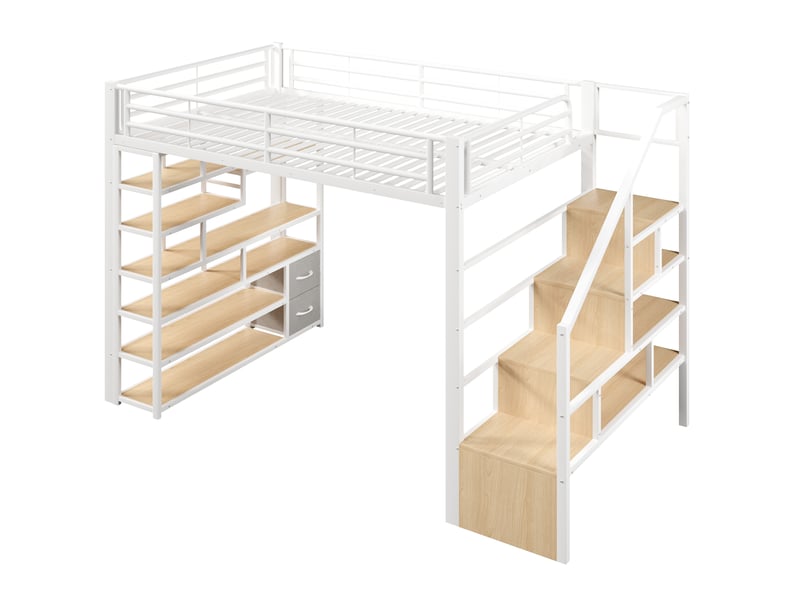  Lit mezzanine, 140 × 200 cm, blanc, mdf et métal, tiroirs, rangements, garde-corps, échelle, espace ouvert dessous, led via app  - Conforama A