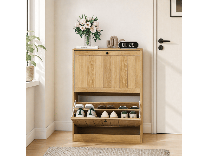  Meuble à chaussures en chêne clair de 60 cm - meuble de rangement pour entrée avec 2 portes abattantes et poignées en métal  - Conforama C